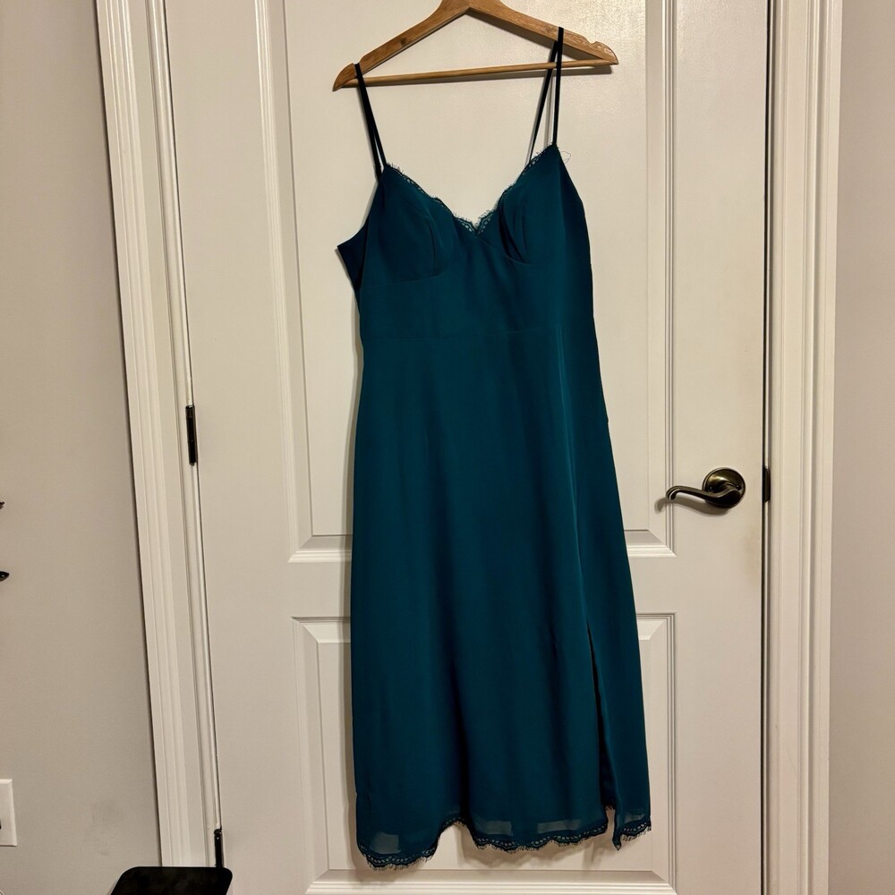 Azazie Women's Teal Lace Trim Slip Dress Sleeveless Long Formal Size A12